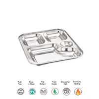 CutTales (Pack Of 4) Stainless Steel Multipurpose 4 Compartment Everyday Dinner Plates For Kids and Family Members | Size 23X23 CM | Gifting Plates - L 23 X W 23 X H 3, Silver, Pack Of 4