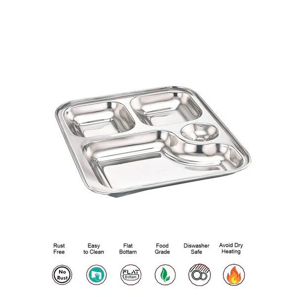CutTales (Pack Of 4) Stainless Steel Multipurpose 4 Compartment Everyday Dinner Plates For Kids and Family Members | Size 23X23 CM | Gifting Plates - L 23 X W 23 X H 3, Silver, Pack Of 4