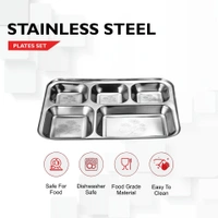 CutTales “CutTales” Premium Stainless Steel 5 Section Square Plate Set of 6, BPA Free Non-Toxic Plates, Dishwasher Safe Plates, - L-35 X W-25 X H-3, Silver, Set Of 6