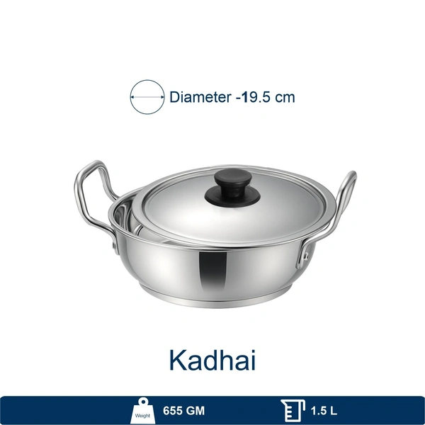 CutTales Sandwich Bottom Stainless Steel Kadhai Set Of 1, Size-15 - Size 15