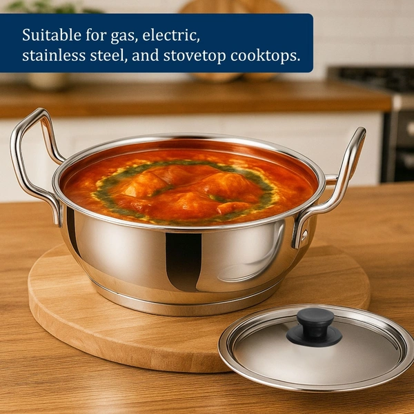 CutTales Sandwich Bottom Stainless Steel Kadhai Set Of 1, Size-15 - Size 15
