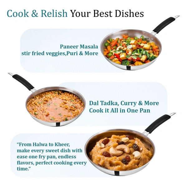CutTales Tri-Ply Stainless Steel Fry Pan | Heavy Bottom Kadhai for Indian Cooking | Induction & Gas Compatible Deep Frying Cookware (Set of 1, Silver, Size -20) - Size 20