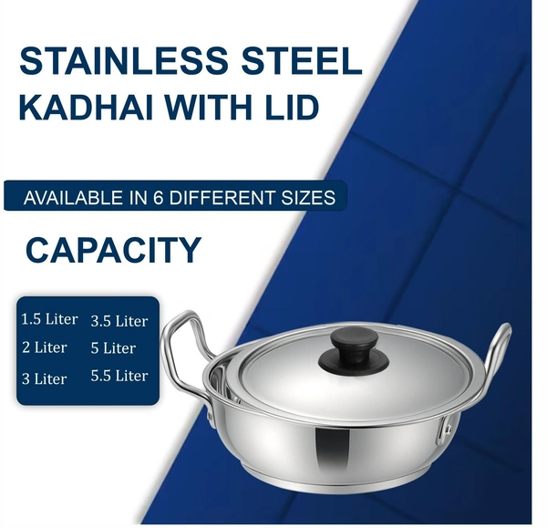 CutTales Sandwich Bottom Stainless Steel Kadhai Set Of 1, Size-15 - Size 15