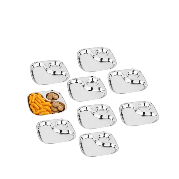 CutTales Stainless Steel Sandwich Plate – 2 Compartment Square & Snack Serving Plate - Pack of 9