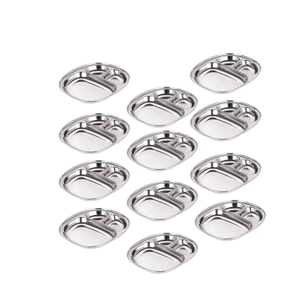 CutTales Pack of 12 Stainless Steel 3 Compartment Dinner Plate Set With BPA Free Steel  - Silver, Pack Of 12