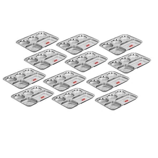 CutTales “CutTales” Premium Stainless Steel 5 Section Plate Set of 12, BPA Free Non-Toxic Plates, Dishwasher Safe Plates, - L-35 X W-25 X H-3, Silver, Pack Of 12