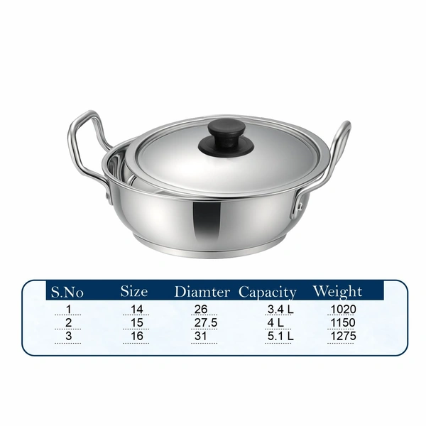 CutTales Sandwich Bottom Stainless Steel Kadhai Set Of 1, Size-15 - Size 15