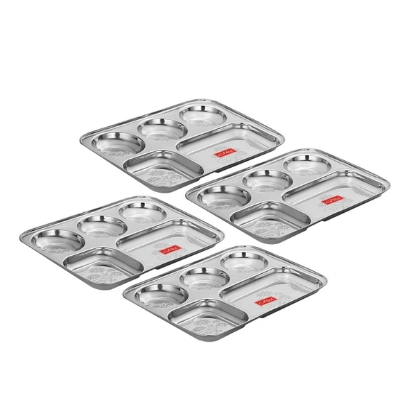 CutTales “CutTales” Premium Stainless Steel 5 Section Plate Set of 4, BPA Free Non-Toxic Plates, Dishwasher Safe Plates, - L-35 X W-25 X H-3, Silver, Pack Of 4