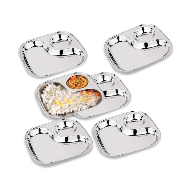 CutTales Stainless Steel Sandwich Plate – 2 Compartment Square & Snack Serving Plate - Pack of 6