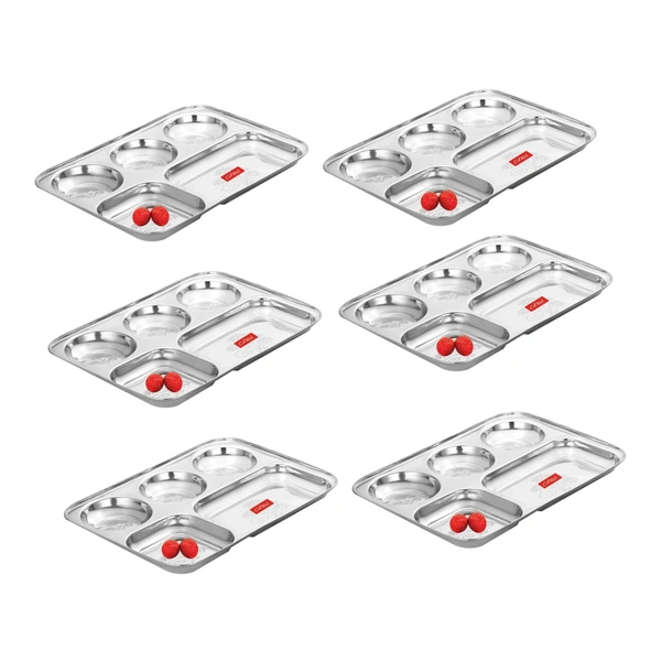 CutTales “CutTales” Premium Stainless Steel 5 Section Plate Set of 6, BPA Free Non-Toxic Plates, Dishwasher Safe Plates, - L-35 X W-25 X H-3, Silver, Pack Of 6
