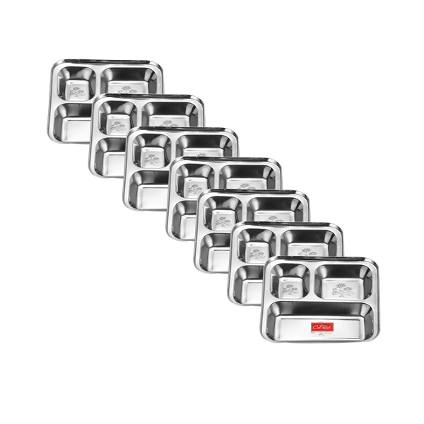 CutTales “CutTales” Set of 7 Stainless Steel 3 Section Pav Bhaji Dinner Thali Dinner Plates Set of 7, Dishwasher Safe, BPA Free - Silver, Pack Of 7