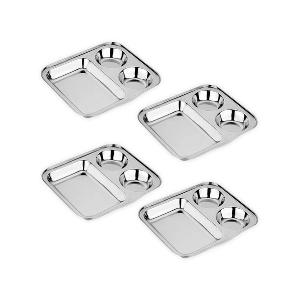 CutTales Stainless Steel 3 Compartment Vatika Plate - Pack Of 4