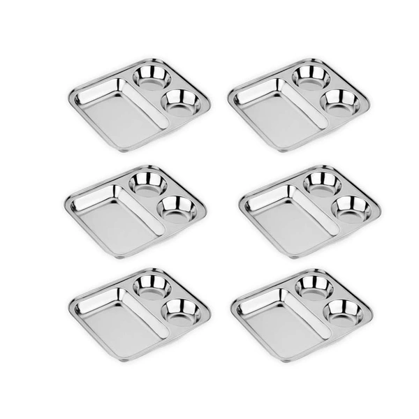CutTales Stainless Steel 3 Compartment Vatika Plate - Pack Of 6