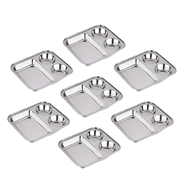 CutTales Stainless Steel 3 Compartment Vatika Plate - Pack Of 7