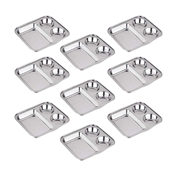 CutTales Stainless Steel 3 Compartment Vatika Plate - Pack Of 9