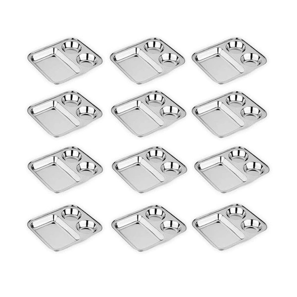 CutTales Stainless Steel 3 Compartment Vatika Plate - Pack Of 12
