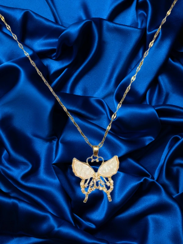 Anti Tarnish Pendant Necklace - Butterfly Enamel Wing - White