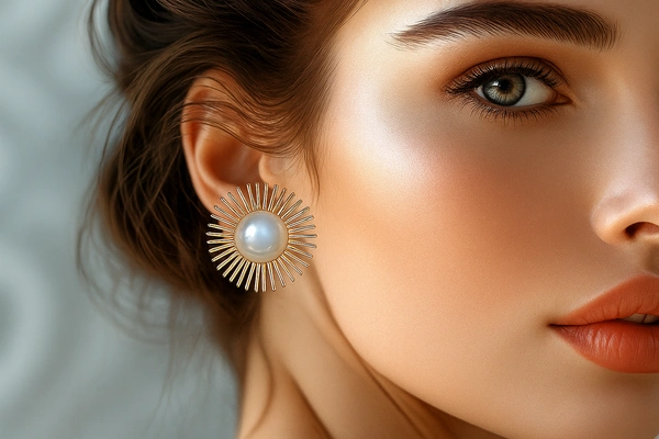 Daisy Pearl Stud Earrings - Korean Fashion Jewellery - 3.5 cm, Golden