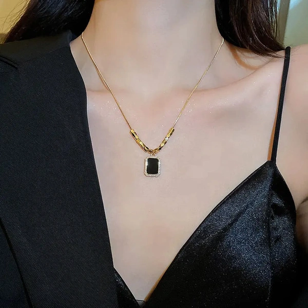 Anti Tarnish Black Square Necklace  - Black
