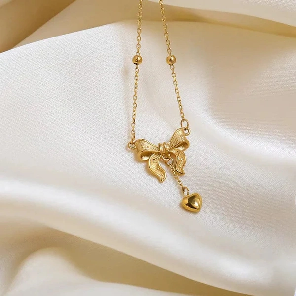 Bow Knot Heart Tassel Necklace Anti Tarnish - Gold