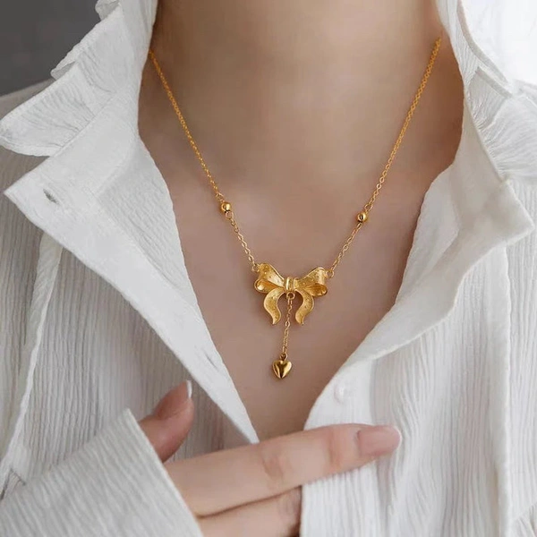 Bow Knot Heart Tassel Necklace Anti Tarnish - Gold