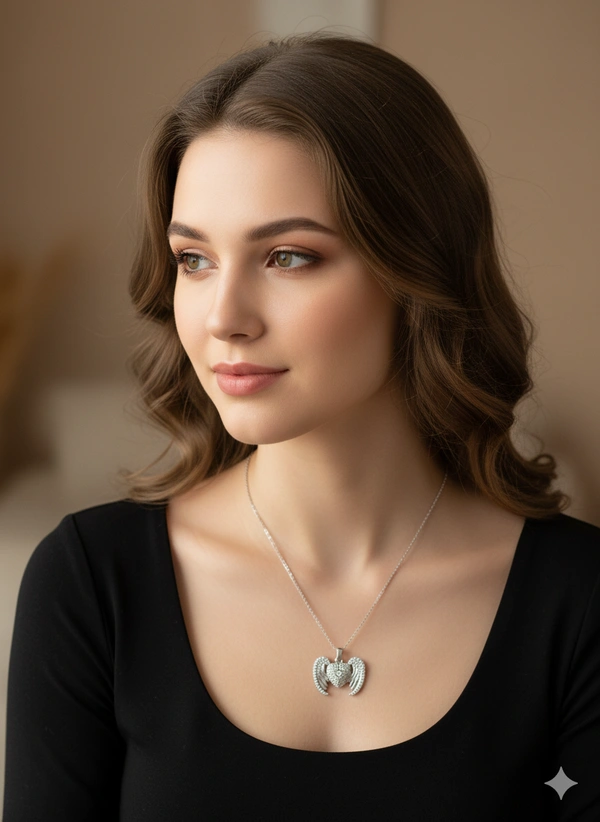 Anti Tarnish Openable Angel wings with a Heart- Cubic Zirconia Studded Pendant Necklace