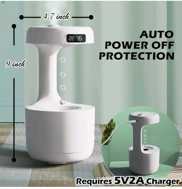 Anti-Gravity Water Flow with Smart LED Clock Display: The anti-gravity water flow technology creates the illusion of backflow droplets and a soothing running water noise with a smart LED Clock display to track time and a warm light.

Air humidifier: Water drop reflux atomization technology - White, 1