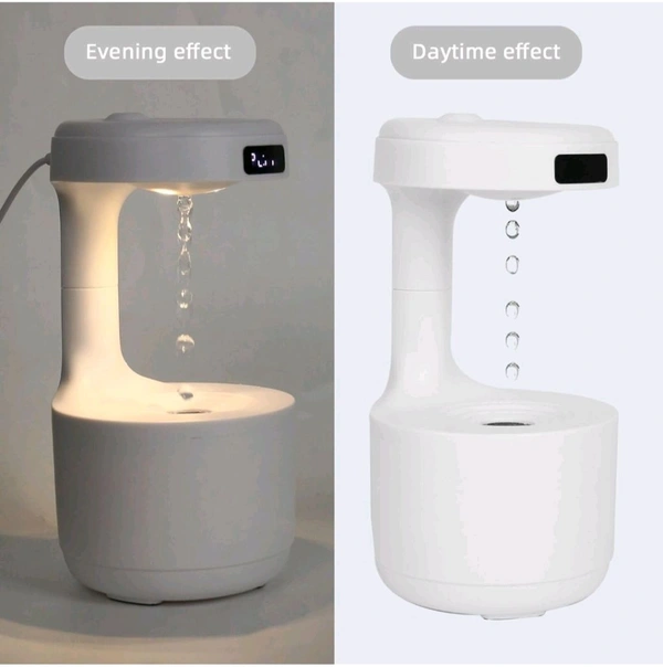 Anti-Gravity Water Flow with Smart LED Clock Display: The anti-gravity water flow technology creates the illusion of backflow droplets and a soothing running water noise with a smart LED Clock display to track time and a warm light.

Air humidifier: Water drop reflux atomization technology - White, 1