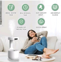 Anti-Gravity Water Flow with Smart LED Clock Display: The anti-gravity water flow technology creates the illusion of backflow droplets and a soothing running water noise with a smart LED Clock display to track time and a warm light.

Air humidifier: Water drop reflux atomization technology - White, 1