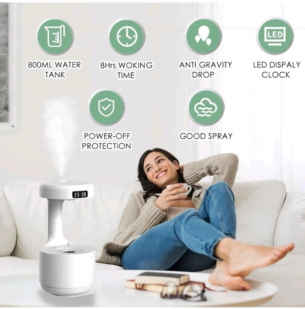 Anti-Gravity Water Flow with Smart LED Clock Display: The anti-gravity water flow technology creates the illusion of backflow droplets and a soothing running water noise with a smart LED Clock display to track time and a warm light.

Air humidifier: Water drop reflux atomization technology - White, 1