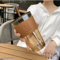 Pack Of One Glass Travel And Chill In House Mug With Straw. High Quality Meterial And Fabric Use For Actheticks Look  - Black, 1