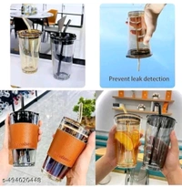 Pack Of One Glass Travel And Chill In House Mug With Straw. High Quality Meterial And Fabric Use For Actheticks Look  - Black, 1