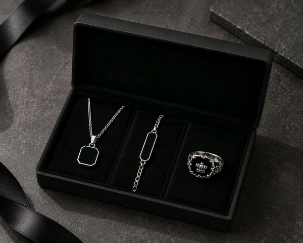 Stylish 3-in-1 jewelry combo with premium chain, bracelet & ring. Trendy design, luxury look, perfect for gifting and daily wear.