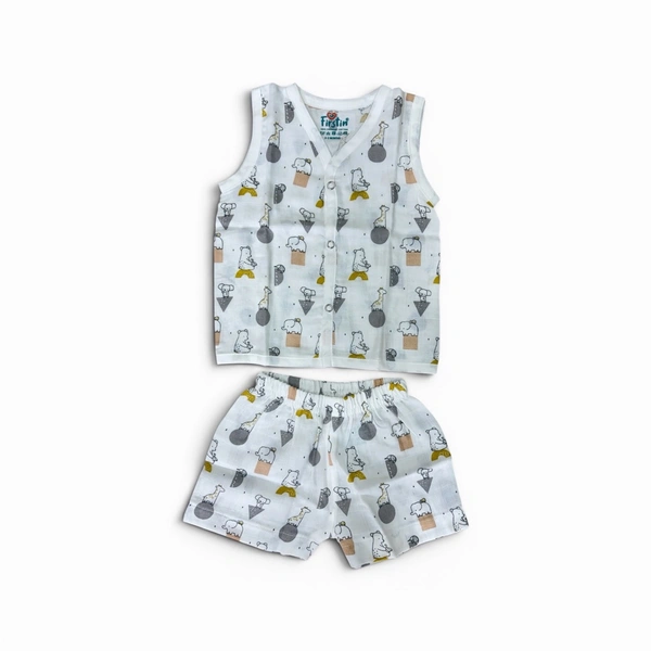Muslin Button Jabla Set | Sleeveless | 100% Cotton - 0-3m
