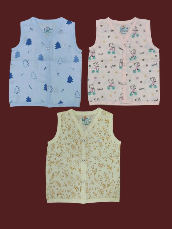 Muslin Button Jabla | Sleeveless | 100% Cotton | Colour Printed - 0-3m