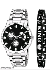 Stainless Steel Analog Watch with Black Dial & Silver Chain + Free King Bracelet for Men and Boys - White