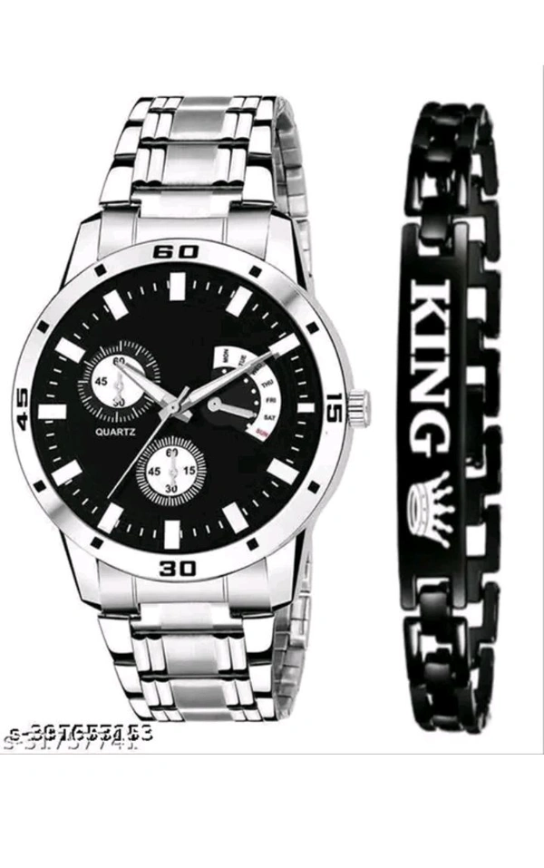 Stainless Steel Analog Watch with Black Dial & Silver Chain + Free King Bracelet for Men and Boys - White
