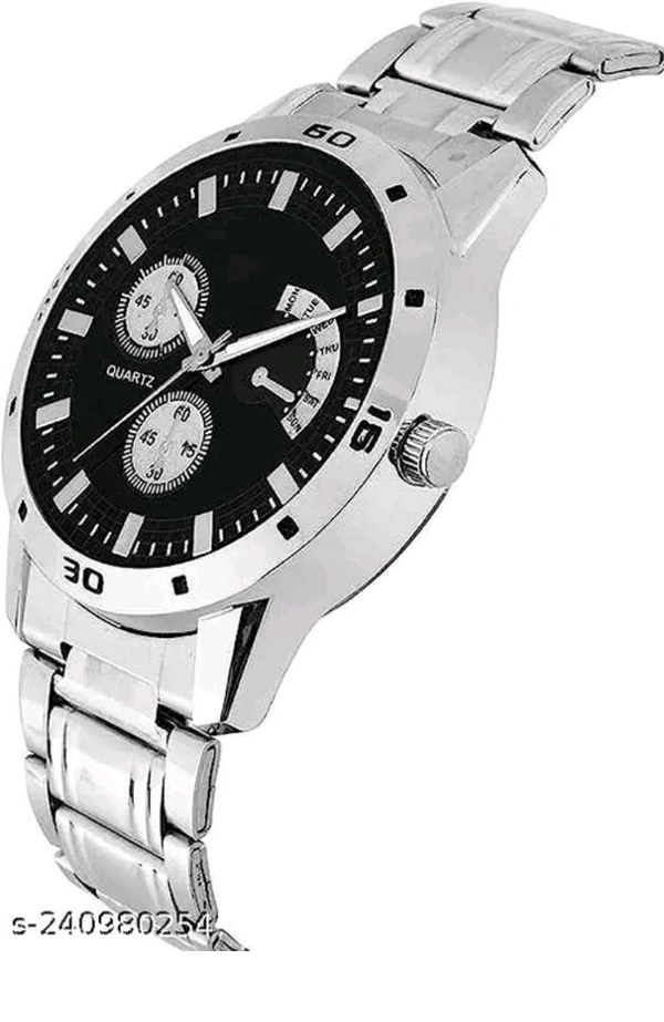 Stainless Steel Analog Watch with Black Dial & Silver Chain + Free King Bracelet for Men and Boys - White