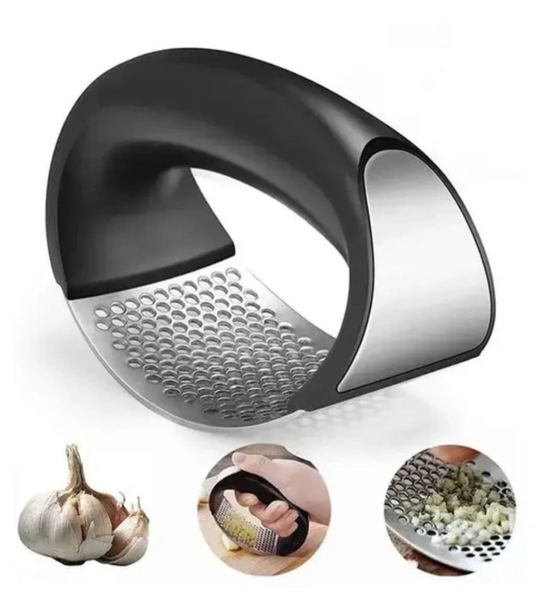 Garlic Press Rocker, Stainless Steel Garlic Mincer Crusher Professional Kitchen Gadgets Garlic Chopper with Ergonomic Handle, Silicone Garlic Peeler 1Pcs 
 - Black