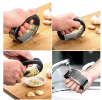 Garlic Press Rocker, Stainless Steel Garlic Mincer Crusher Professional Kitchen Gadgets Garlic Chopper with Ergonomic Handle, Silicone Garlic Peeler 1Pcs 
 - Black