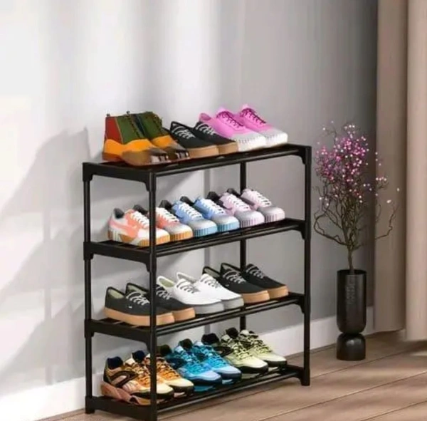 Shoe Rack 4 Shelves Durable and Multipurpose Shoe Rack Shoe Stand Shelf, Plastic Collapsible Shoe Stand (Black, 4 Shelves - Black
