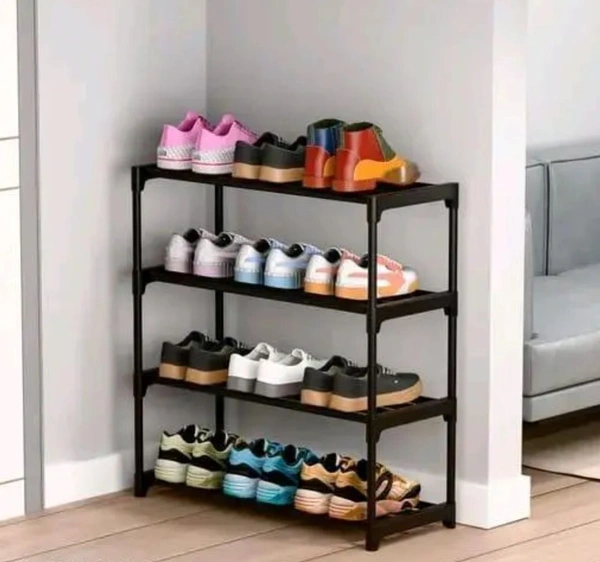 Shoe Rack 4 Shelves Durable and Multipurpose Shoe Rack Shoe Stand Shelf, Plastic Collapsible Shoe Stand (Black, 4 Shelves - Black