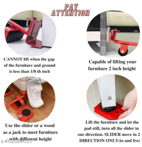 Heavy Duty Furniture Lifter Mover Tool Set, Furniture Moving Roller Wheel Set for Washing Machines, Fridge,Sofa, Wardrobes Adjustable Height 5pcs - Red