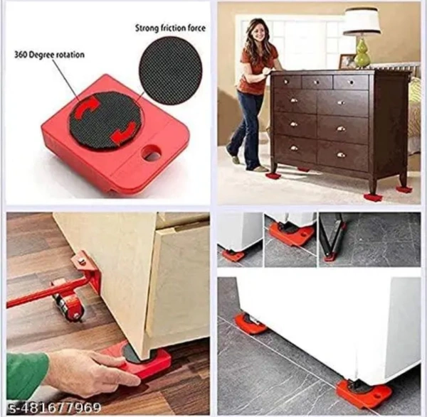Heavy Duty Furniture Lifter Mover Tool Set, Furniture Moving Roller Wheel Set for Washing Machines, Fridge,Sofa, Wardrobes Adjustable Height 5pcs - Red