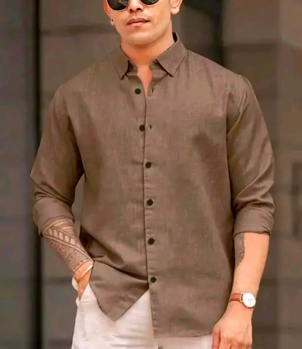 Men's Full Sleeves Plain Cotton Shirt  - Tan, XXL