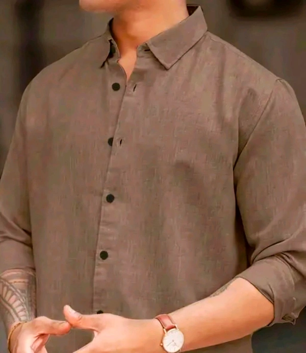 Men's Full Sleeves Plain Cotton Shirt  - Tan, XXL