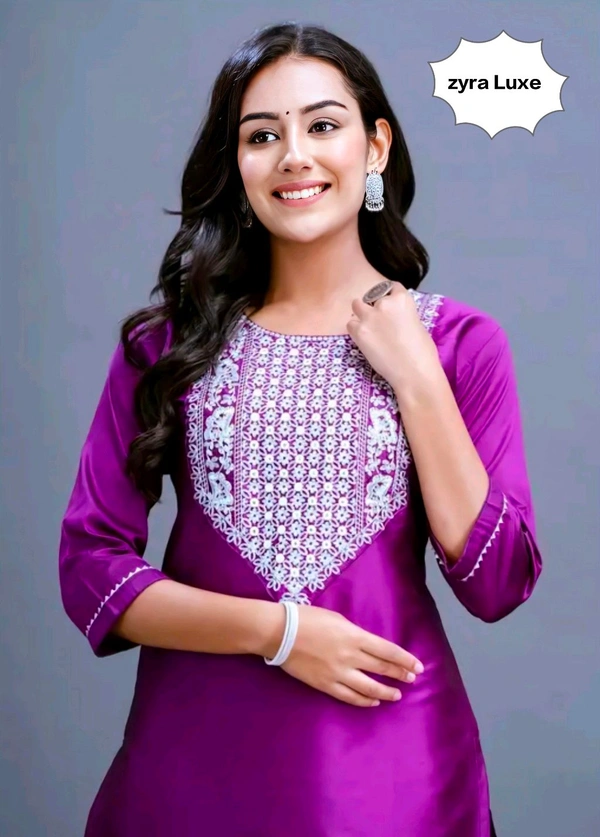 Embroided Kurti - Violet Eggplant, M