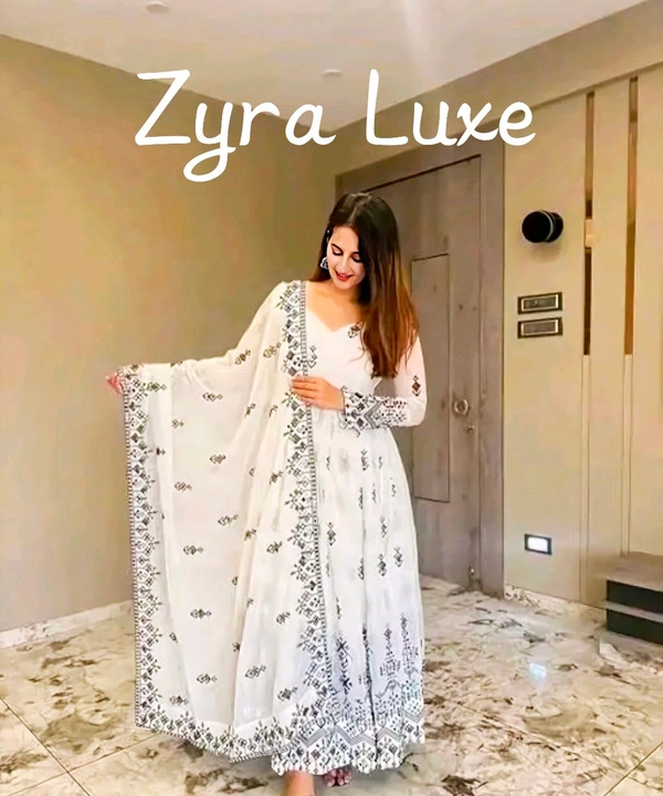 Embroidery Work Gown And Dupata - White, XXL