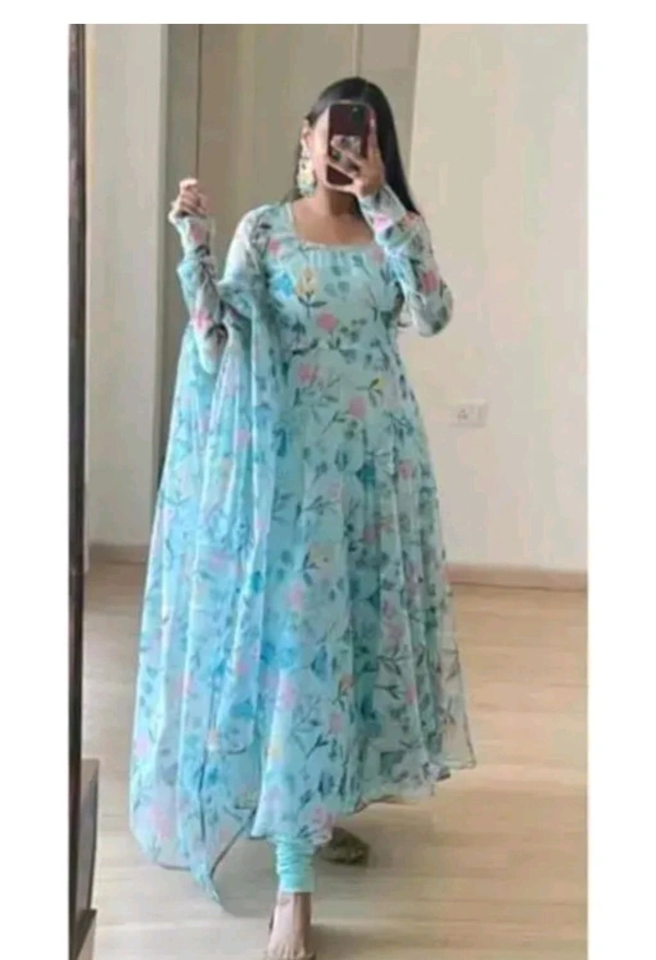 Flower Print Long Kurti With Dupatta  - Curious Blue, M/S/Xl/Xxl