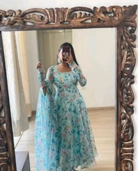 Flower Print Long Kurti With Dupatta  - Curious Blue, M/S/Xl/Xxl